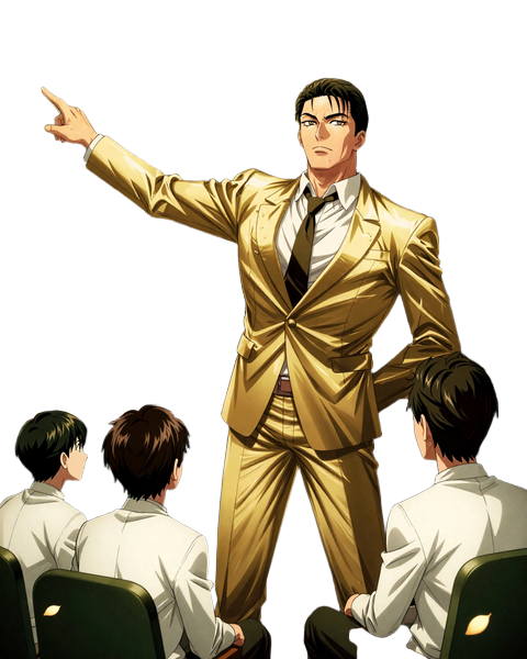 Billionaire Sensei Anime-Manga Charakter erkl&auml;rt Bonusmechanik am goldenen Whiteboard mit Bonusformeln und Umsatzbedingungen