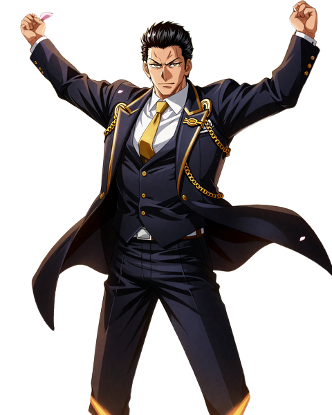 Billionaire Sensei - BillionaireSpin Casino Maskottchen in dynamischer Anime-Manga Pose mit goldenen Sakurabl&uuml;ten